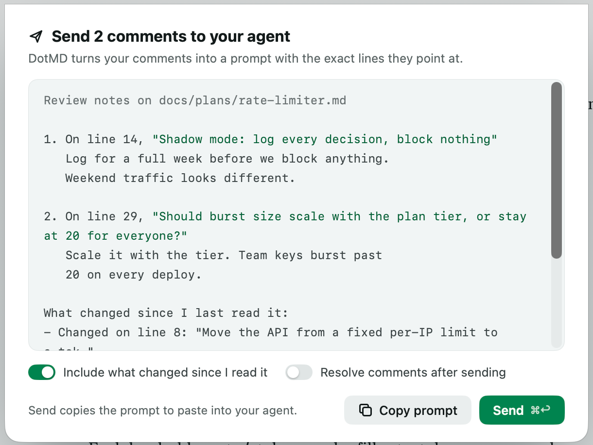 The Send to Agent sheet, turning comments into one prompt with the exact lines they point at
