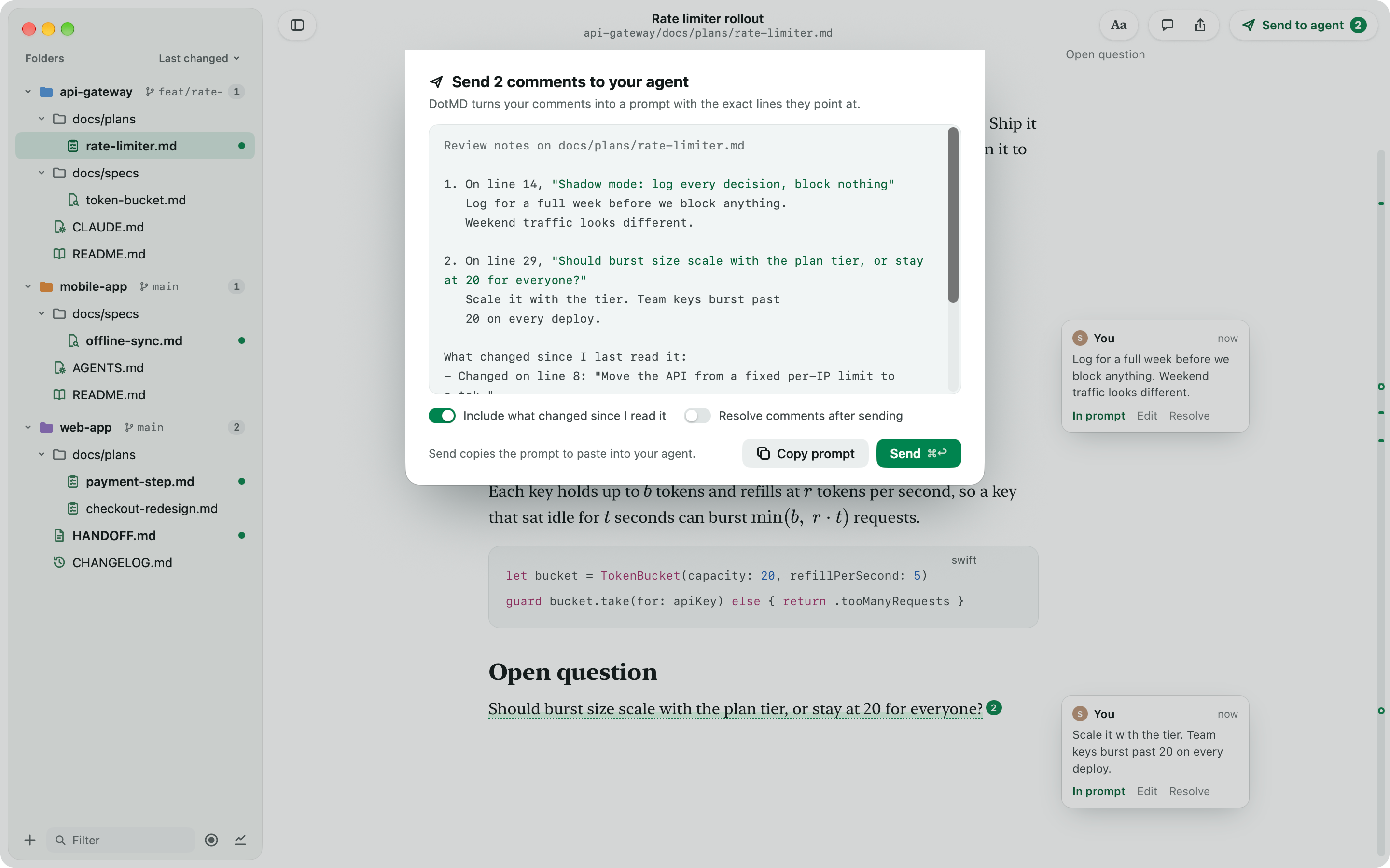 The Send to Agent sheet, turning two comments into one prompt with the exact lines they point at