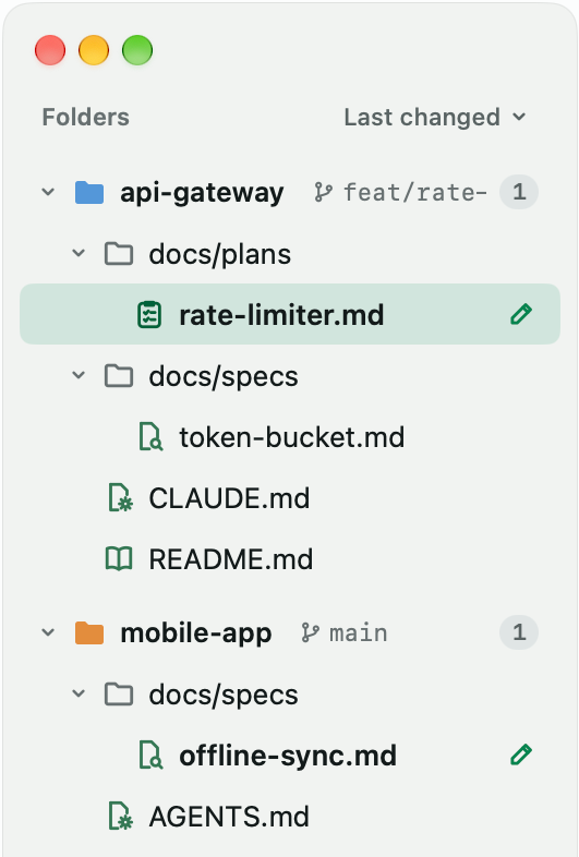 dotPen's file list across repos, with pencils beside the files agents are writing